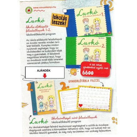 Lurkó iskola előkészítő feladatlapok 1-2 + ajándék Iskolaérettség mérő feladatlapok + gyakorlótábla + filc